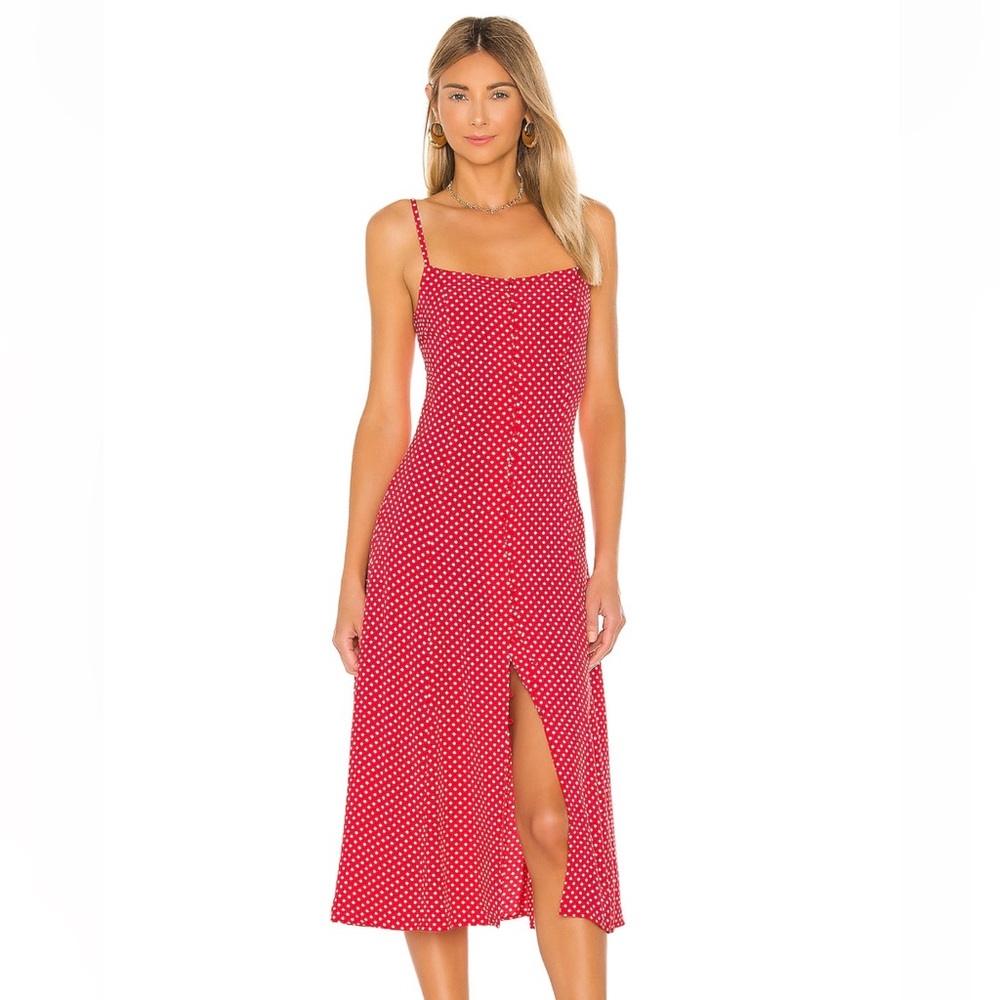 Privacy Please Revolve Rosalee Midi Dress Crepe Button Red Polka Dot Small S